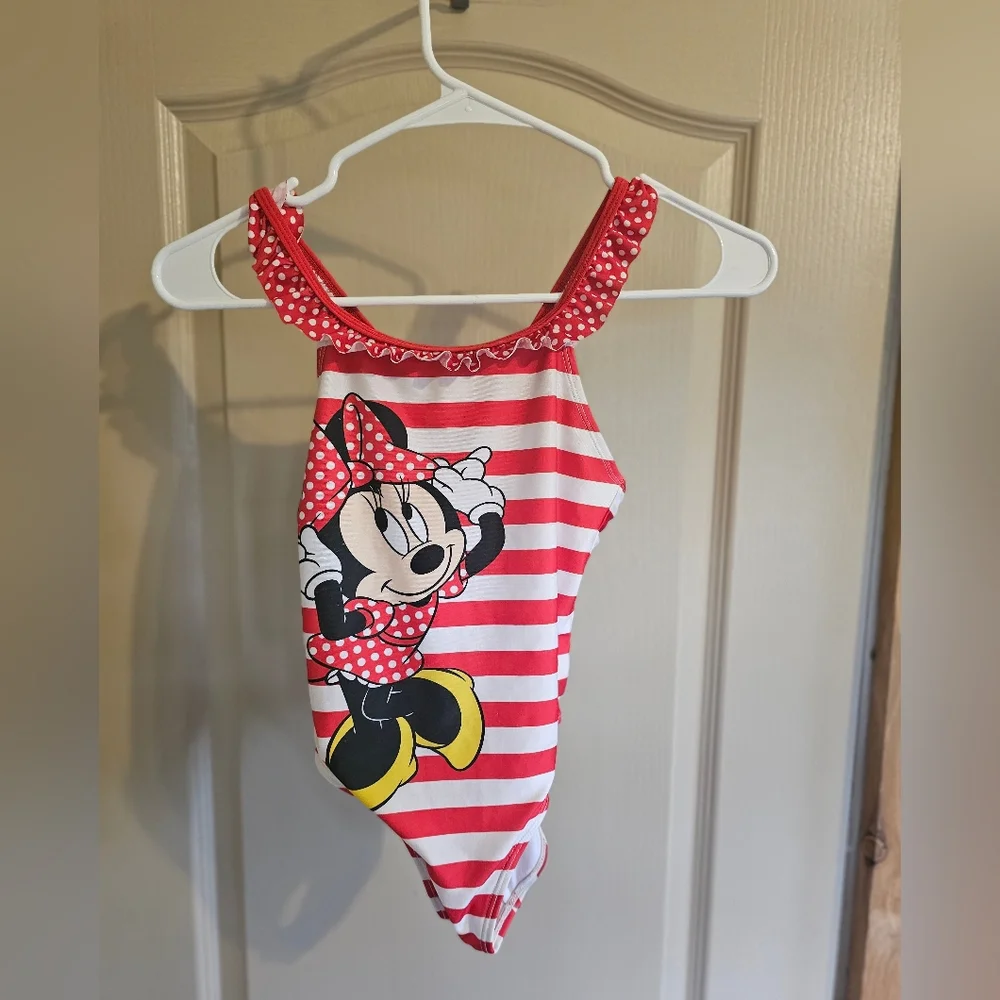 Disney Minnie Mouse Red And White Striped One Piece Girls Swim Suit 7/8 Medium